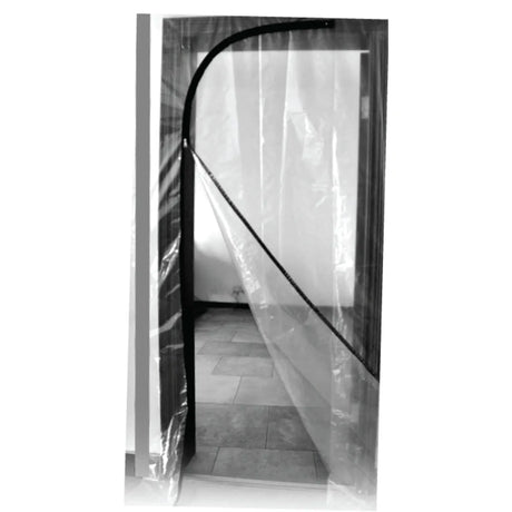 Clear zippered plastic door protector installed in a doorway