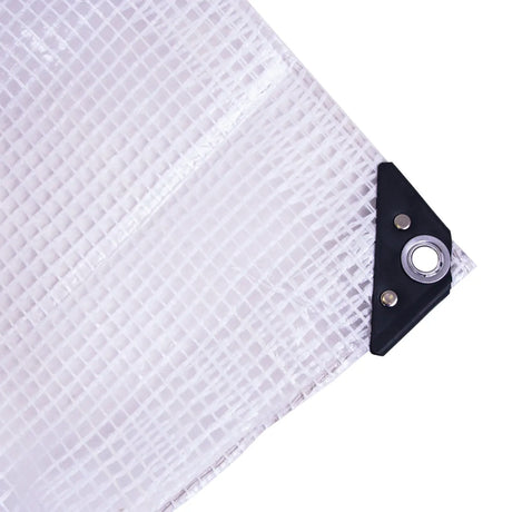 Coin d'une bâche transparente renforcée avec œillet et renfort noir
