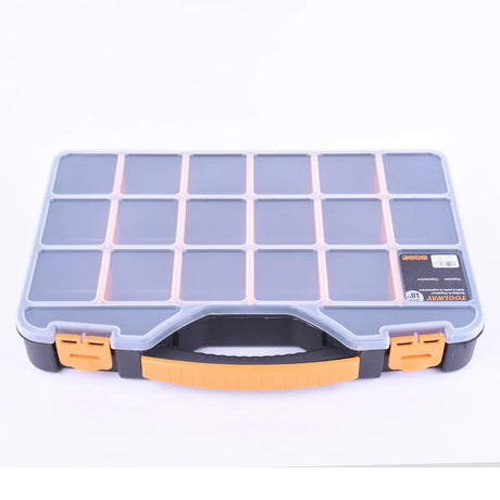 Boîte de rangement à compartiments avec couvercle transparent et poignée orange, vue de côté