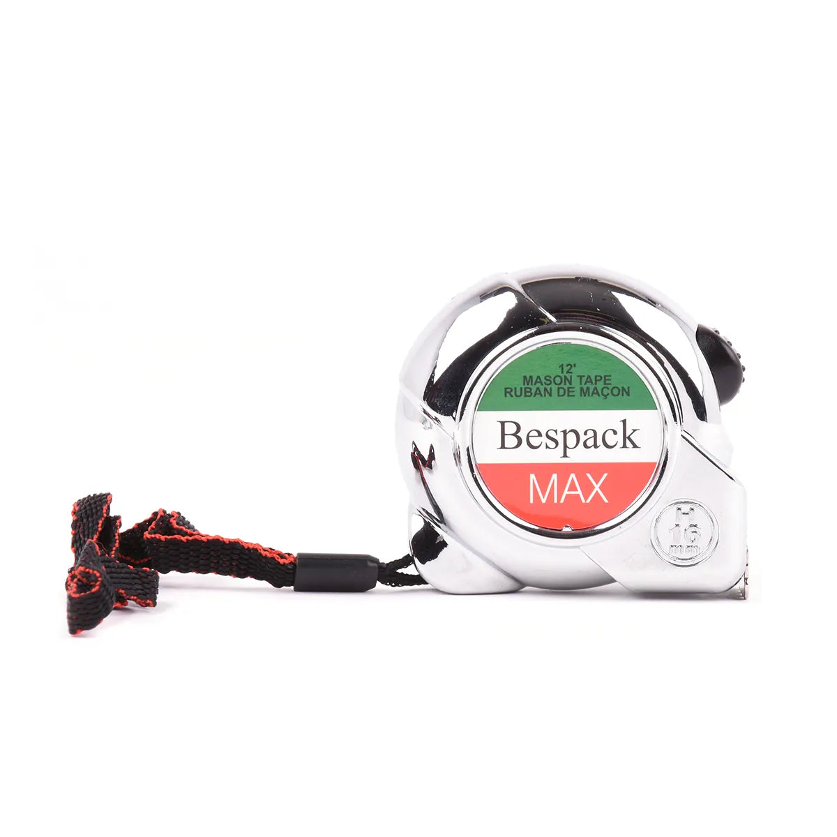 Ruban de maçon Bespack Max chromé 12 pi avec dragonne, vue de face