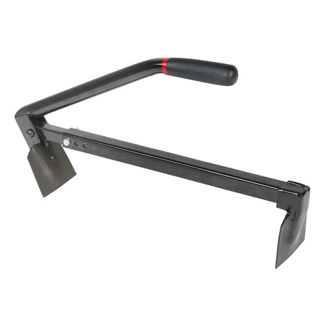 Black steel brick tongs with ergonomic red-striped grip