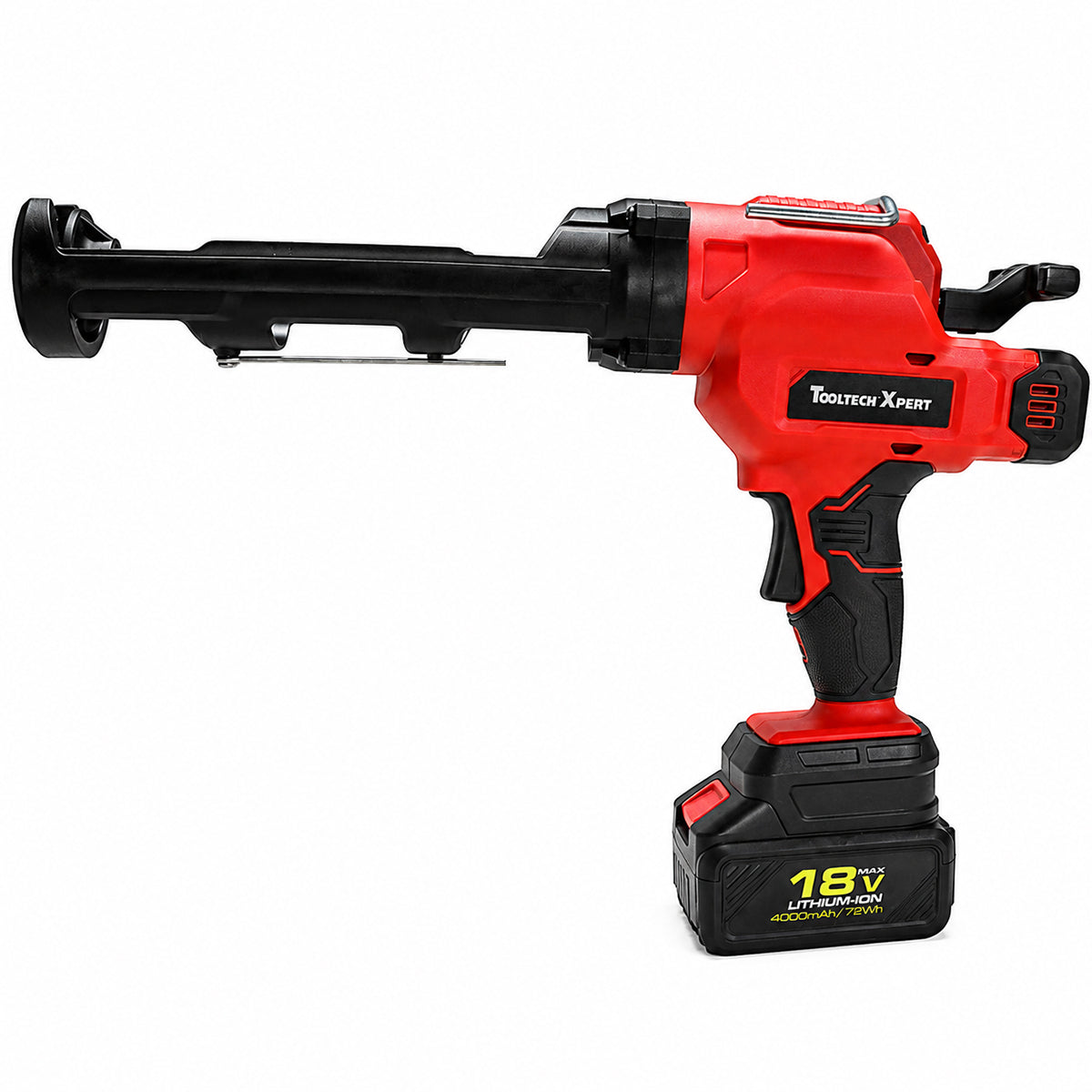 Pistolet à calfeutrer sans fil Tooltech Xpert rouge et noir avec batterie 18 V, vue de côté