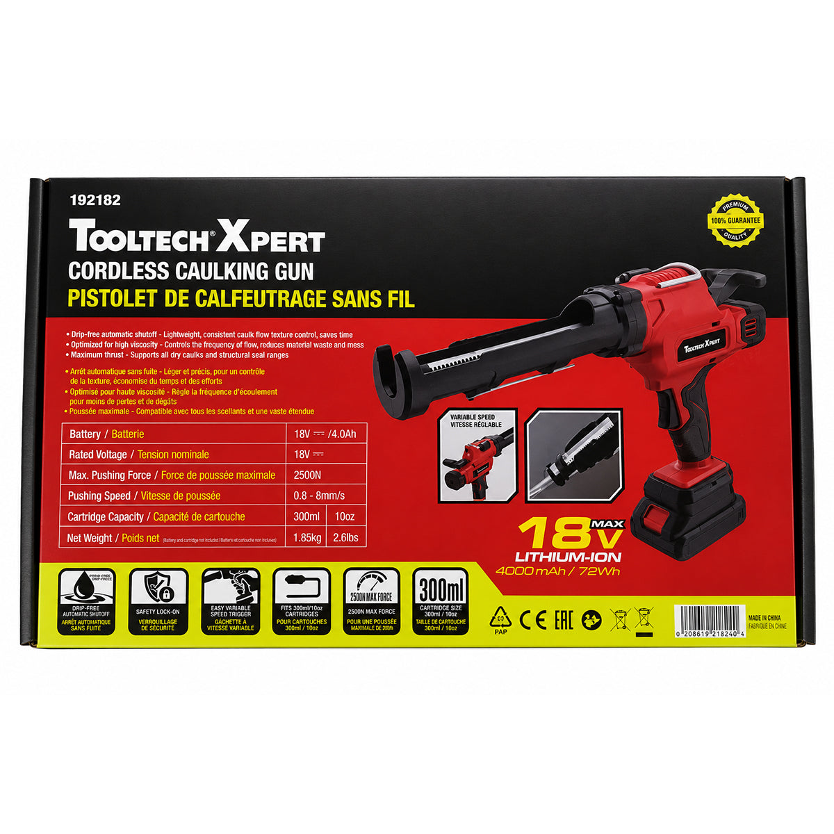 Boîte du pistolet à calfeutrer sans fil Tooltech Xpert 18 V, rouge et jaune