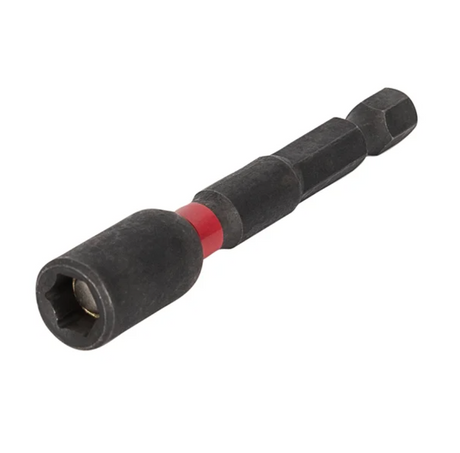 Embout magnétique hexagonal noir avec bague rouge, conçu pour le vissage de boulons ou vis à tête hexagonale à l’aide d’une perceuse ou visseuse électrique.