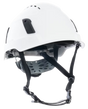 White vented safety helmet with four-point chin strap, three-quarter view