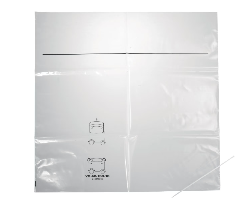 Sac en plastique transparent pour aspirateur industriel Hilti VC 40/150-10, avec illustrations imprimées montrant le mode d’installation.