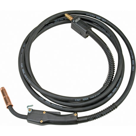 Pistolet MIG refroidi à l'air noir avec poignée noire, connecteur cuivre et câble flexible long.