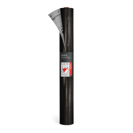 Roll of black Soprema Lastofix waterproofing membrane, partially unrolled