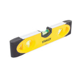 Stanley 43-511 yellow torpedo level with black shock-absorbing end caps, angled view
