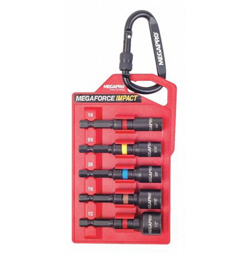 Ensemble de 5 embouts de vissage MEGAPRO MegaForce Impact avec porte-embouts rouge et mousqueton noir, comprenant des tailles de 1/4 à 1/2 pouce, identifiées par des bandes de couleur.