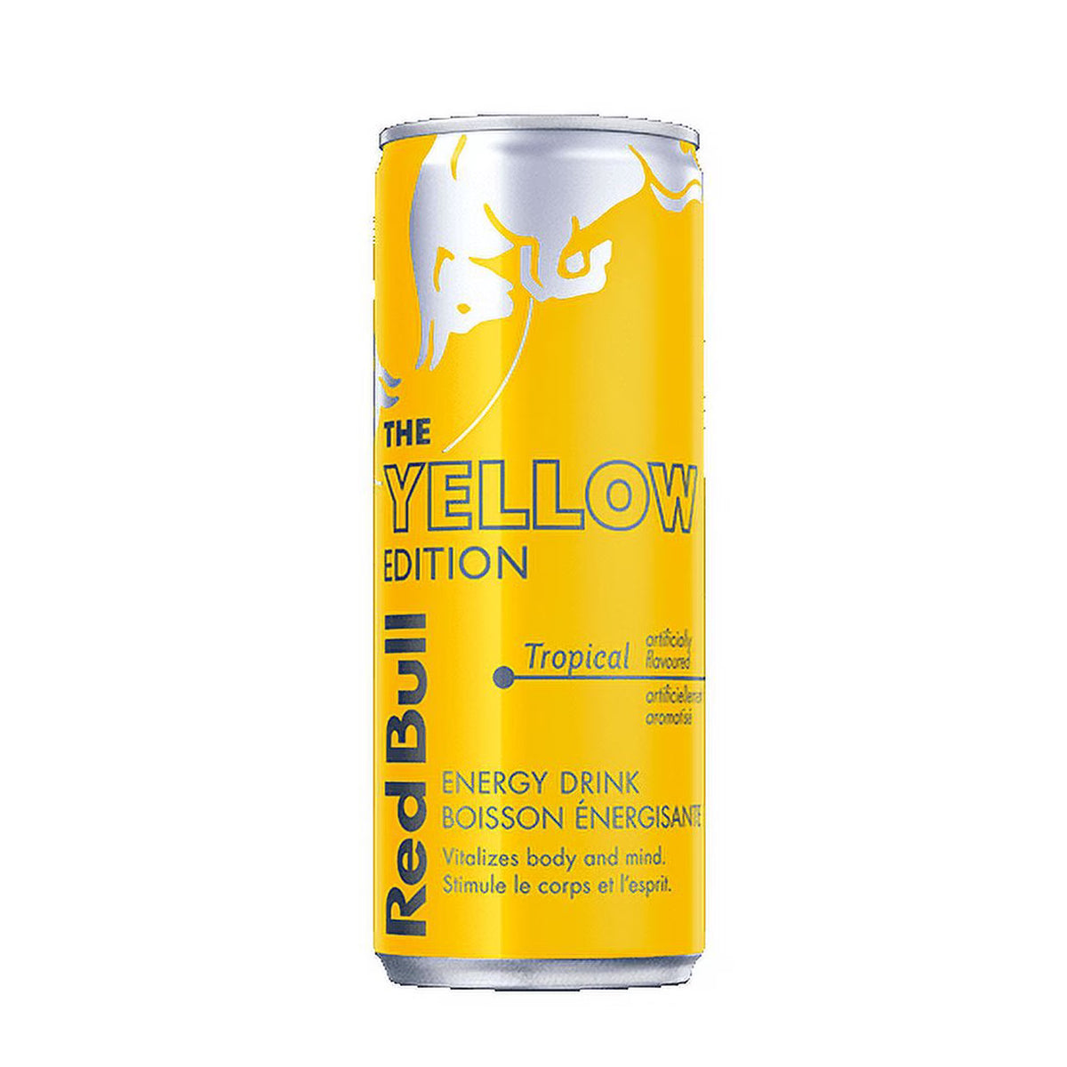 Canette Red Bull The Yellow Edition, boisson énergisante saveur tropicale