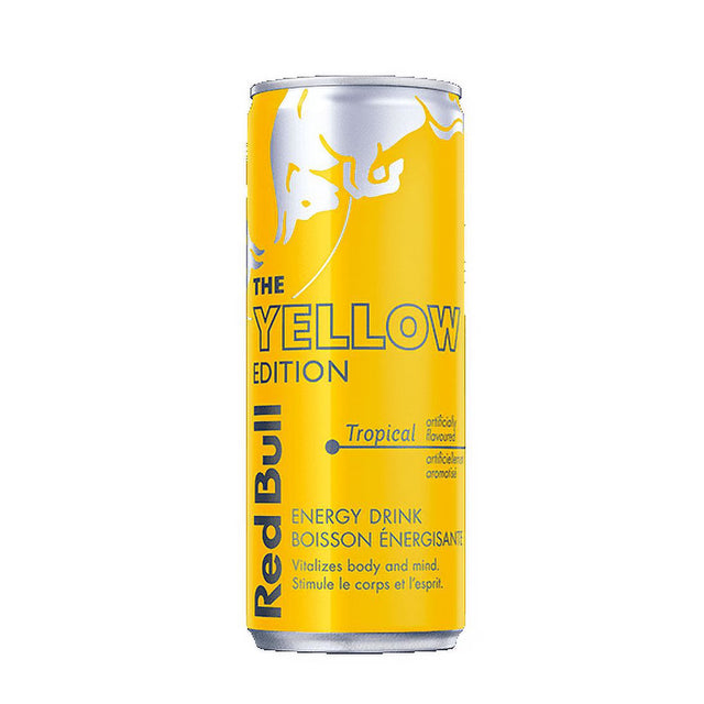 Canette Red Bull The Yellow Edition, boisson énergisante saveur tropicale