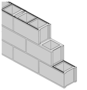 Schéma d'un mur en blocs de béton montrant l'armature de joint en escalier