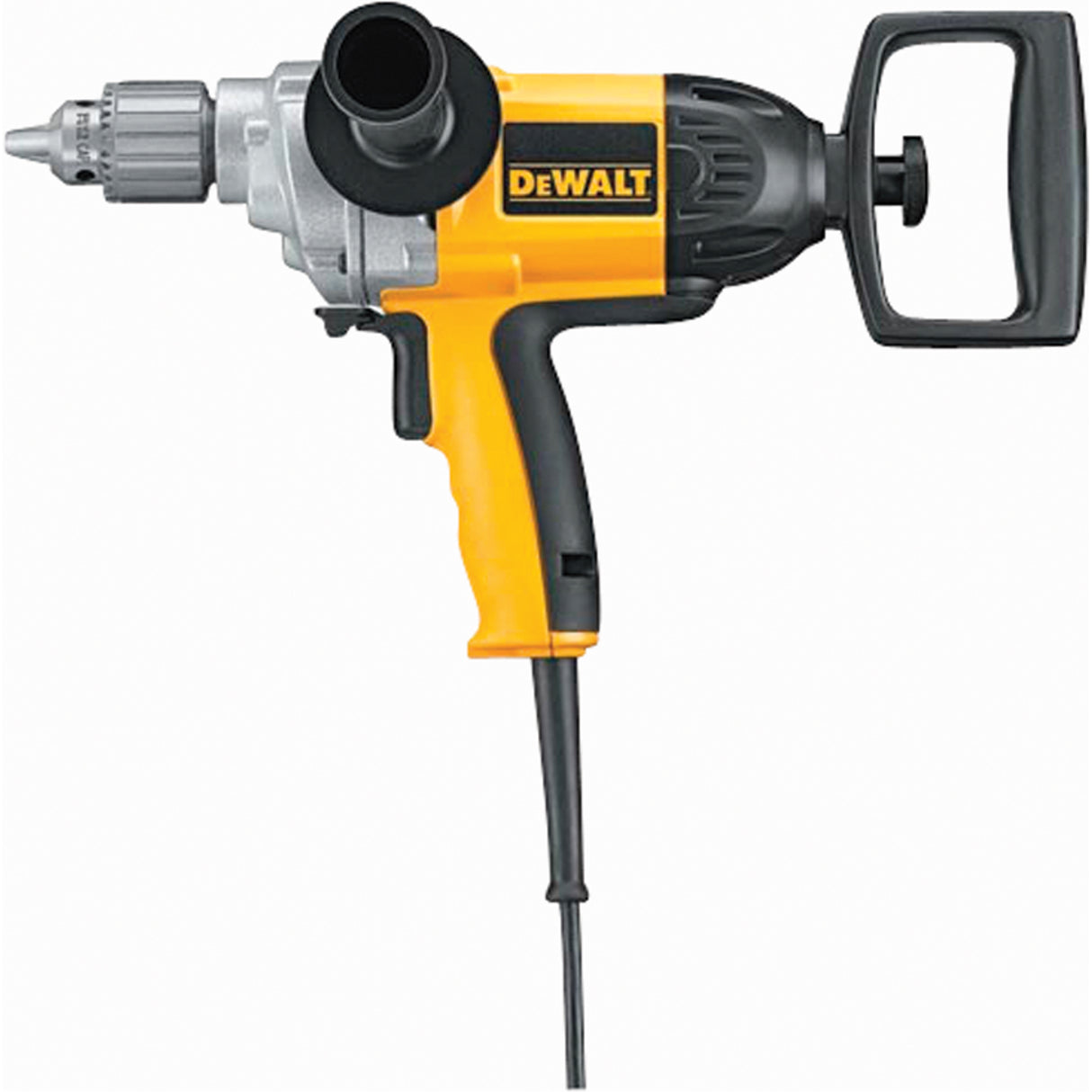 Perceuse DeWalt filaire jaune et noire avec mandrin à clé et poignée latérale en D