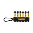 Set of 10 yellow DeWalt driver bits with black tips on a black holder with carabiner clip