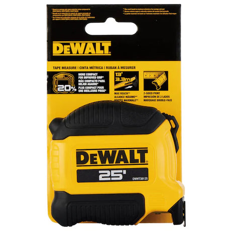 Packaging of the DeWalt DWHT38125 compact 25 ft tape measure