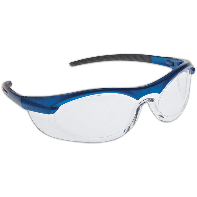 Lunettes de sécurité avec monture bleue et verres transparents, conçues pour la protection des yeux en milieu de travail.