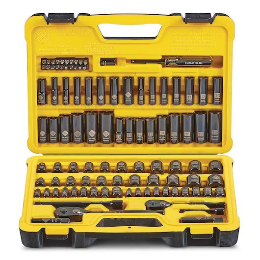 Two-tier Stanley case open showing deep sockets, bits and ratchets