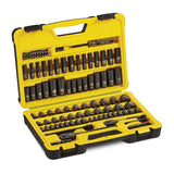 Open yellow Stanley case with black chrome socket set and two ratchets