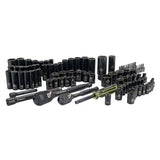 Stanley black chrome socket set laid out with ratchets, bits and extensions