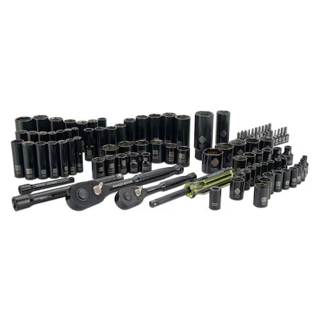 Stanley black chrome socket set laid out with ratchets, bits and extensions