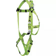 Harnais de sécurité complet de couleur verte avec point d’ancrage dorsal en D, sangles ajustables aux jambes, épaules et poitrine, conçu pour la protection contre les chutes en hauteur.