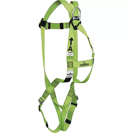 Harnais de sécurité complet de couleur verte avec point d’ancrage dorsal en D, sangles ajustables aux jambes, épaules et poitrine, conçu pour la protection contre les chutes en hauteur.