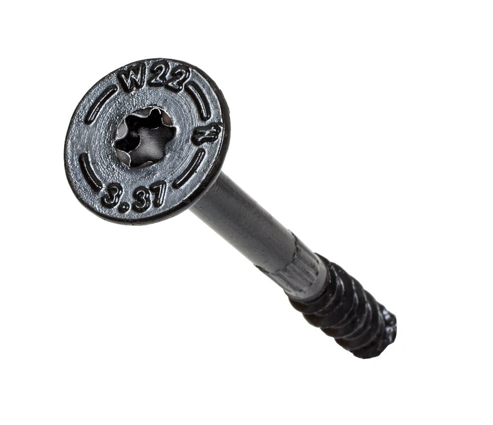 Close-up of the ribbed round head of a Simpson Strong-Tie SDW structural wood screw, Torx drive