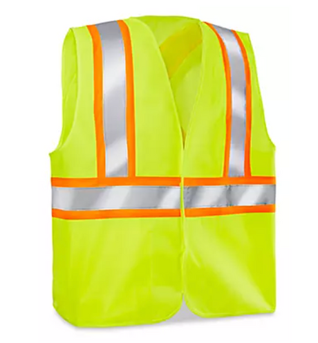 Gilet de sécurité haute visibilité jaune fluo avec bandes réfléchissantes argentées encadrées de bandes orange, conçu pour une visibilité accrue sur les chantiers.