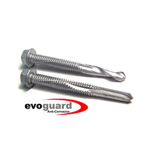 Two hex head self-drilling screws with Evoguard anti-corrosion coating, silver finish