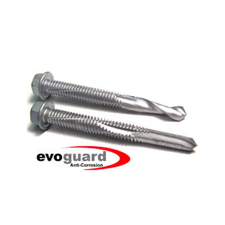 Deux vis autoperceuses à tête hexagonale avec revêtement anti-corrosion Evoguard, finition argentée