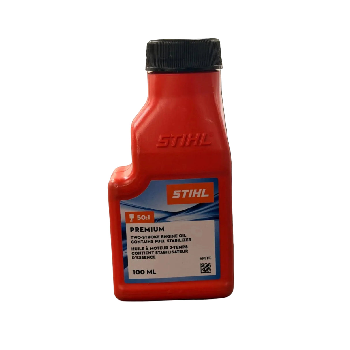 Red STIHL Premium 50:1 bottle, two-stroke engine oil with fuel stabilizer, 100 ml