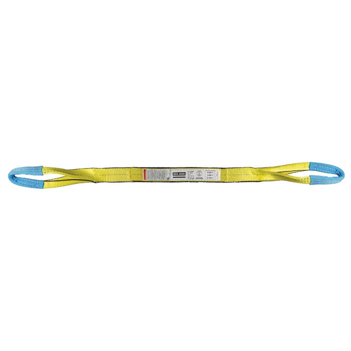 Yellow Ben-Mor polyester web sling with blue reinforced eye loops