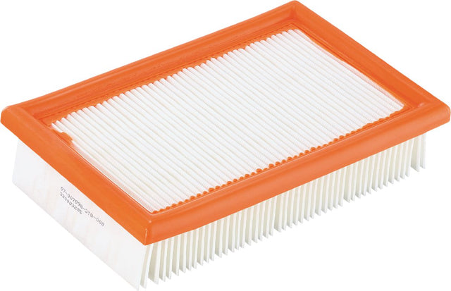 Rectangular pleated vacuum filter with orange frame and white filter media