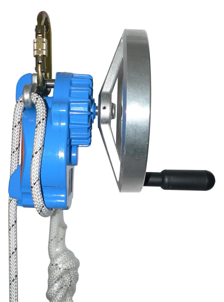 Tractel Derope UP descent device, side view with hand crank and rope