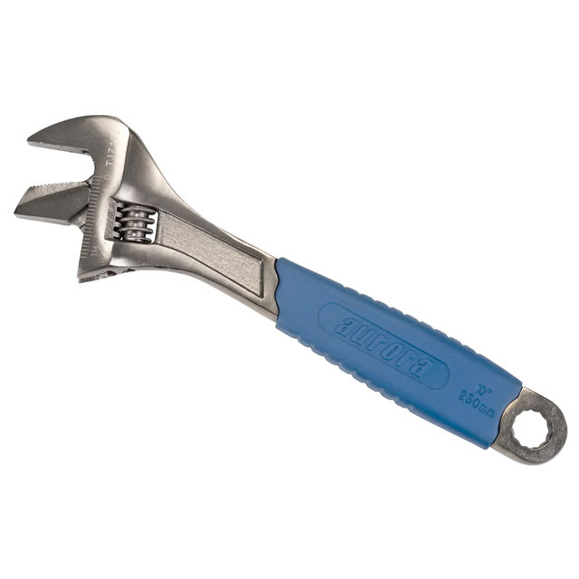 Aurora 10 in (250 mm) adjustable wrench with blue non-slip grip