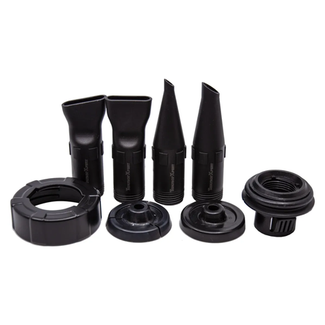 Black nozzles, collars and caps from a sausage caulking gun accessories kit
