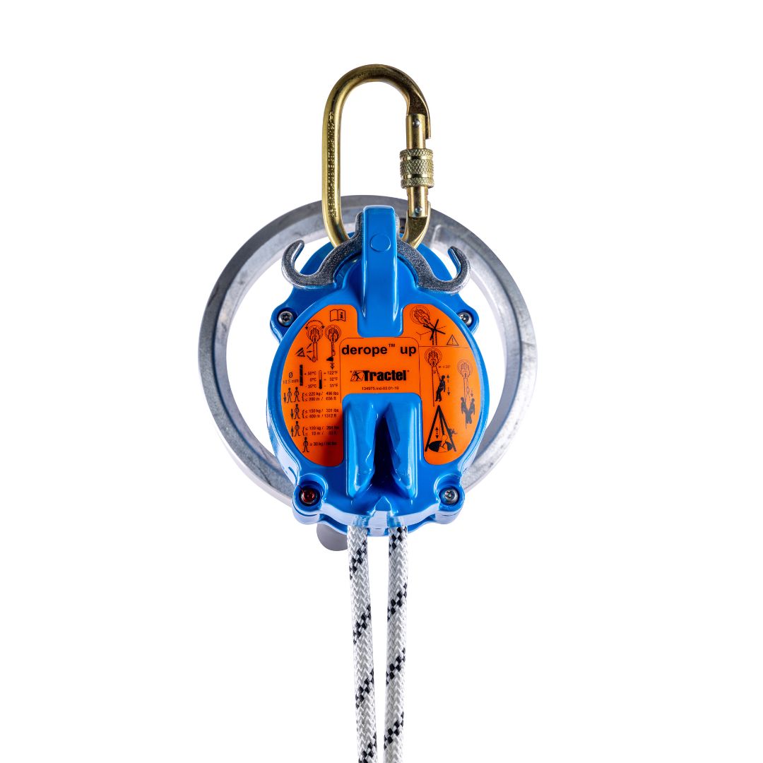 Appareil de descente de sauvetage Tractel Derope UP bleu et orange avec mousqueton et corde