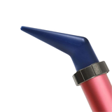 Close-up of a blue angled nozzle screwed onto a red sealant tube