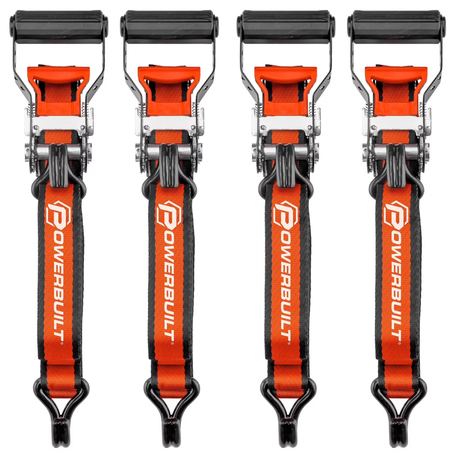 Set of four Powerbuilt orange and black ratchet tie-down straps