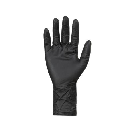 Black disposable nitrile glove, palm view
