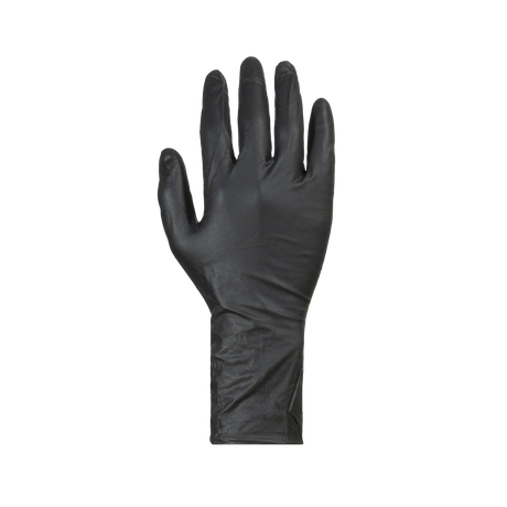 Black disposable nitrile glove, back-of-hand view