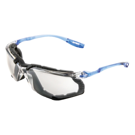 Lunettes de sécurité transparentes avec branches bleues et coussinets intérieurs noirs pour un confort accru.