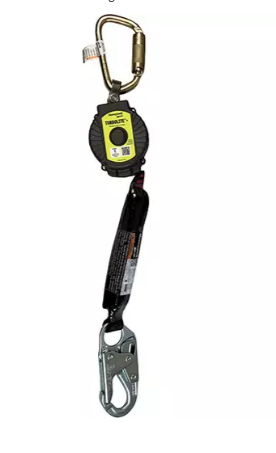 Dispositif antichute à enrouleur automatique THORZT avec mousqueton supérieur et crochet de sécurité inférieur, étiquette jaune visible avec marquage de conformité.