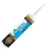 White sealant tube with blue, black, and gold labeling reading Adseal DWS 4580, featuring a long white nozzle tip.