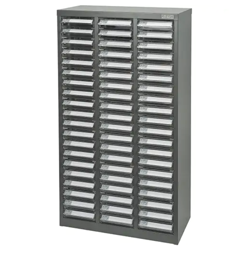Casiers pour pièces KPC-300 gris avec 60 tiroirs transparents en acier galvanisé, dimensions 21-3/10" x 10-2/5" x 36-9/10".