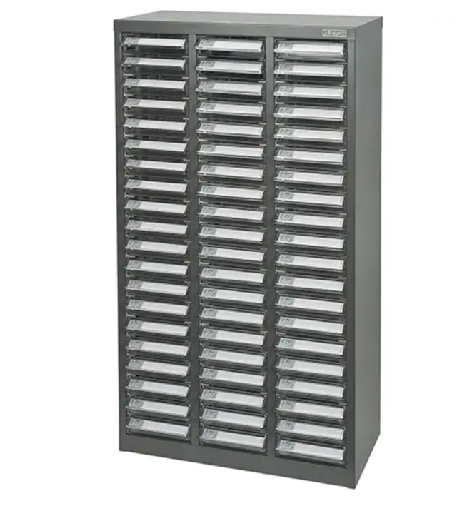 Casiers pour pièces KPC-300 gris avec 60 tiroirs transparents en acier galvanisé, dimensions 21-3/10" x 10-2/5" x 36-9/10".