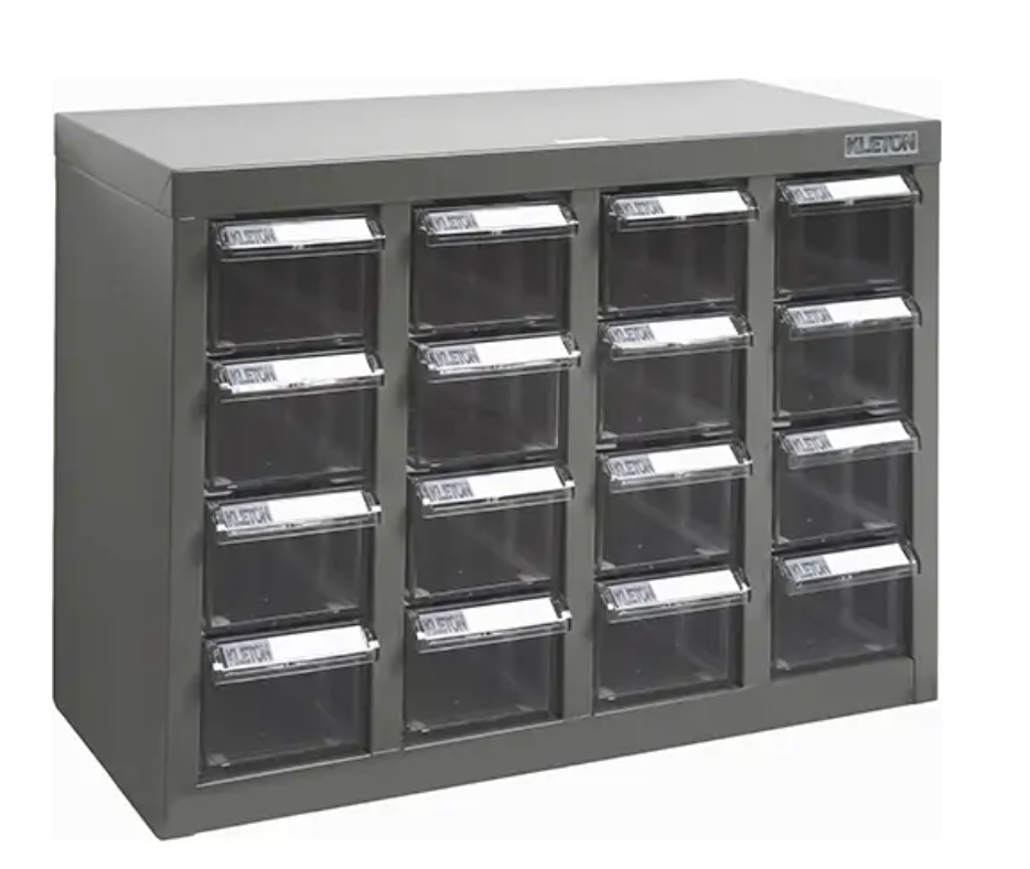 Casiers pour pièces KPC-500 en acier galvanisé avec tiroirs en polystyrène clair finition émail gris.
