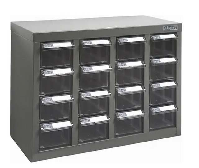 Casiers pour pièces KPC-500 en acier galvanisé avec tiroirs en polystyrène clair finition émail gris.