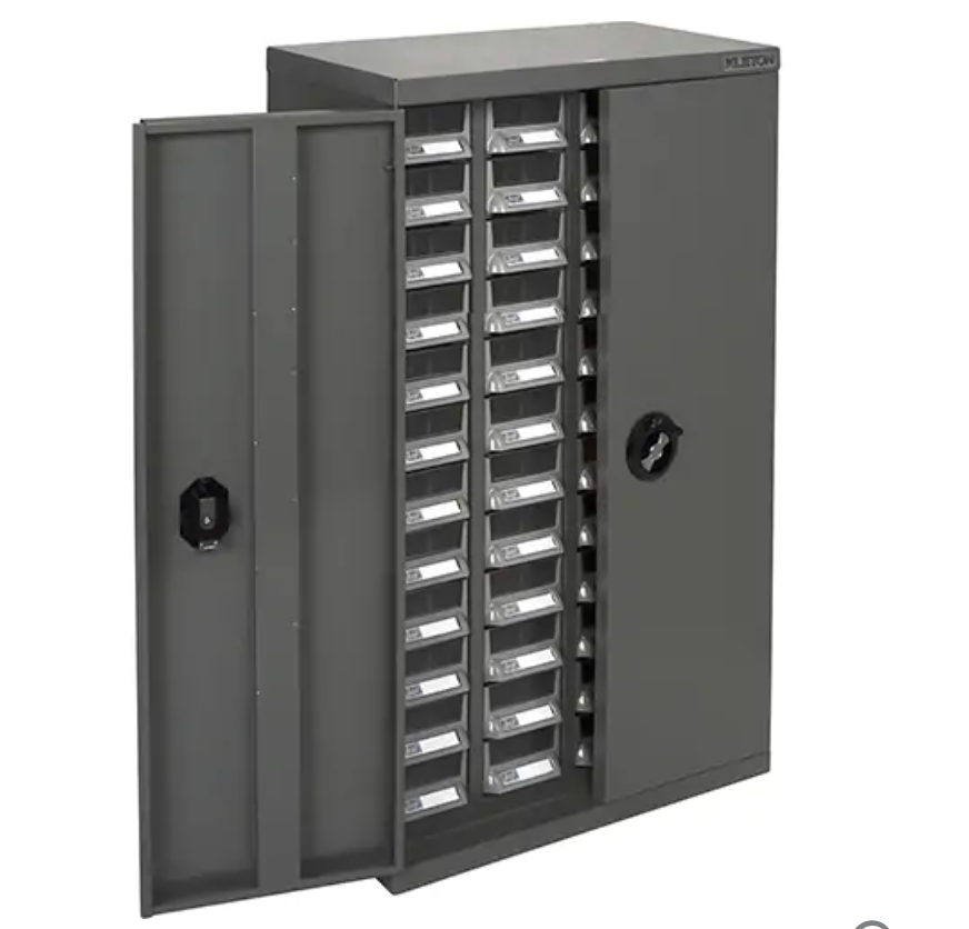 Casiers pour pièces KPC-400 en acier galvanisé gris, 48 tiroirs robustes avec portes verrouillables et séparateurs inclus.